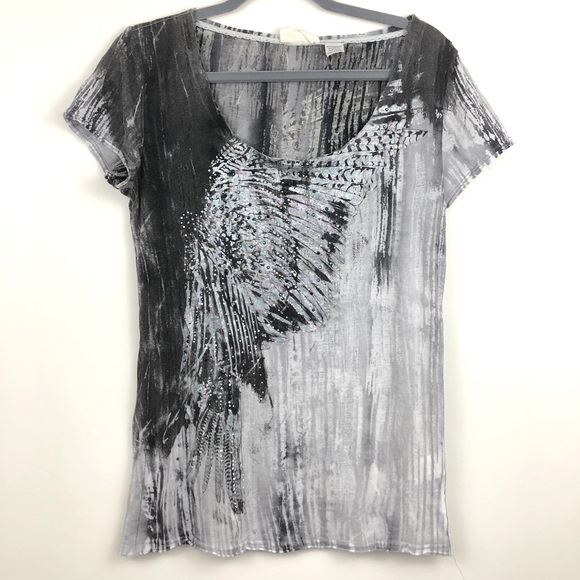Miss Me Tops - MISS ME Sheer Silver Bejeweled Wing T Shirt XL